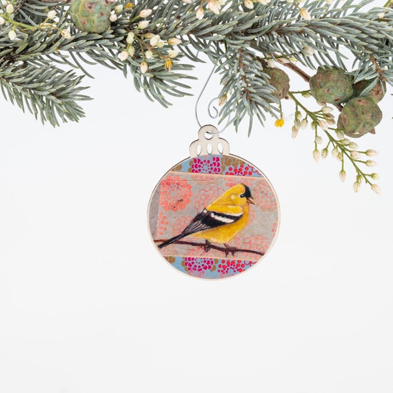 Garden Bird in Needlepoint Gold Finch Ornament Decor