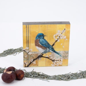 Western Bluebird Wood Panel Giclée Print | Tea Bag Art Print | Wooden Wall Art | Tea Bag Art Print | Framed Bird Art | Kitchen Décor | Gift