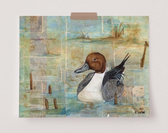 Northern Pintail Painting | Tea Bag Artwork | Mixed Media Bird Décor | Animal Art Print | Duck Wall Art | Waterfowl Print | Gift for Birder