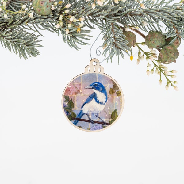 California Scrub Jay Ornament | Christmas Ornament | Bird Ornament | Wooden Ornament | Bird Art | Bird Painting | Christmas Gift for Her