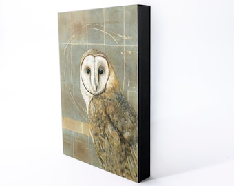 Barn Owl Wood Panel Giclée Print | Tea Bag Art Print | Wooden Wall Art | Tea Bag Art Print | Framed Bird Art | Kitchen Décor | Gift for Her