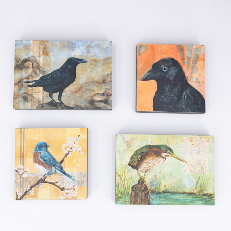 May include: Four square paintings featuring different birds. The top left painting shows a black crow on a branch with a gold and blue background. The top right painting shows a black crow with a red and brown background. The bottom left painting shows a bluebird on a branch with a yellow and white background. The bottom right painting shows a green heron on a branch with a green and blue background.