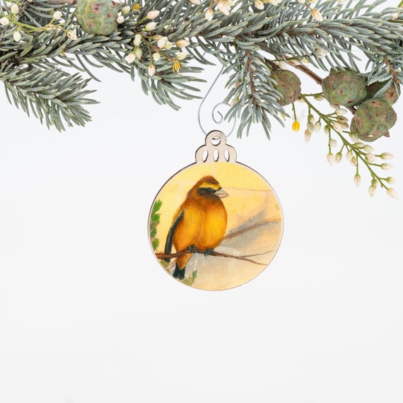 Wooden Ornament Bird Ornament Nature Lover Evening Grosbeak Ornament Christmas Ornament Bird Painting Bird Art Gift for Her
