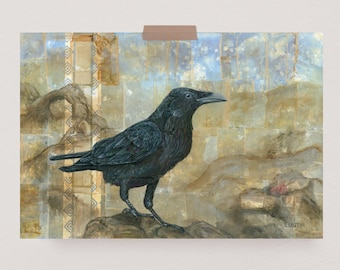 Raven Painting | Raven décor | Tea Bag Art | Bird Art Print | Wildlife Painting | Animal Art Print | Gift for Birder | Corvid | Desert Raven