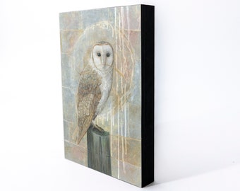 Barn Owl Wood Panel Giclée Print | Tea Bag Art Print | Wooden Wall Art | Tea Bag Art Print | Framed Bird Art | Kitchen Décor | Gift for Her