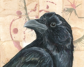 Raven Painting | Raven decor | Tea Bag Art | Bird Art Print | Wildlife Painting | Animal Art Print | Raven Gift | Corvidae | Square Raven