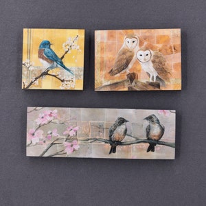 May include: Three framed art prints featuring birds. The first print shows a bluebird perched on a branch with yellow and white flowers. The second print shows two barn owls perched on a branch with a brick background. The third print shows two small birds perched on a branch with pink flowers and a brick background.