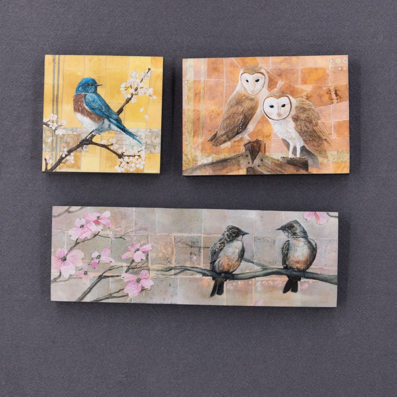 May include: Three framed art prints featuring birds. The first print shows a bluebird perched on a branch with yellow and white flowers. The second print shows two barn owls perched on a branch with a brick background. The third print shows two small birds perched on a branch with pink flowers and a brick background.