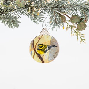 Townsend&#39;s Warbler Ornament | Christmas Ornament | Bird Ornament | Wooden Ornament | Bird Art | Bird Painting | Gift for Her | Tea Bag Art