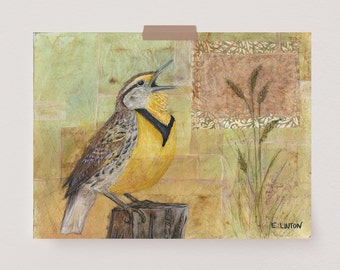Western Meadowlark Painting |  Songbird Art Print | Wildlife Artwork | Animal Art Print | Bird illustration Wall Art | Tea Bag Collage |