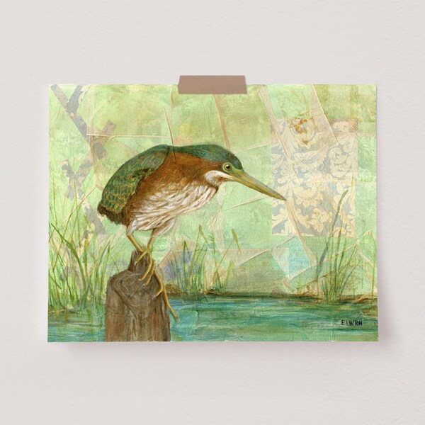 Green Heron Mixed Media Painting | Tea Bag Artwork | Animal Art Print | Bird Wall Art | Bird Illustration | Heron Painting | Waterfowl Art