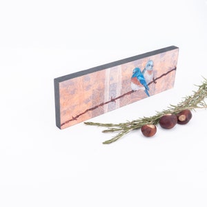 May include: A rectangular wooden wall art piece with a painted image of two bluebirds perched on a barbed wire fence. The background is a textured peach color with a white and brown pattern.