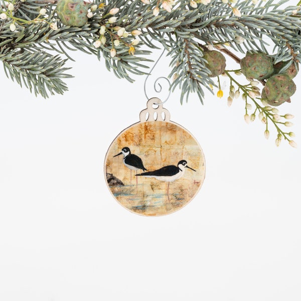 Black Necked Stilt Ornament | Christmas Ornament | Bird Ornament | Wooden Ornament | Bird Art | Bird Painting | Gift for Her | Birder Gift