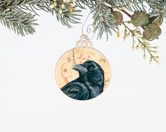 Raven Ornament | Christmas Ornament | Bird Ornament | Wooden Ornament | Bird Art | Bird Painting | Christmas Gift for Her | Raven Bird Gift