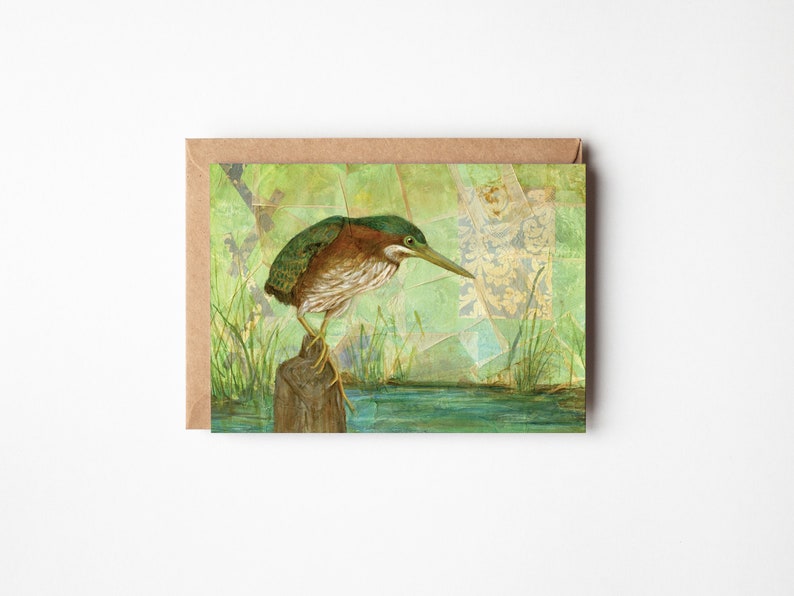 Green Heron 5x7 Greeting Card Blank On Inside Card for Him or Her Birder Gift Tea Bag Art Bird Greeting Card Crane Bird Art Gift image 1