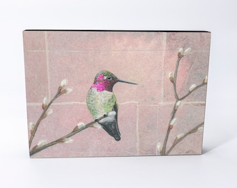 Anna's Hummingbird on Pussy Willows Wood Panel Giclée Print | Tea Bag Art Print | Tea Bag Art Print | Framed Bird Art | Kitchen Décor Gift