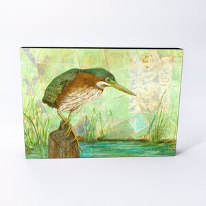 Green Heron Wood Panel Giclée Print | Tea Bag Art Print | Wooden Wall Art | Tea Bag Art Print | Framed Bird Art | Kitchen Décor | Gift for