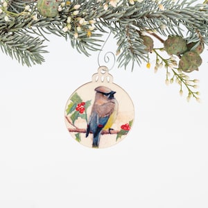 Cedar Waxwing & Holly Ornament | Christmas Ornament | Bird Ornament | Wooden Ornament | Bird Art | Bird Painting | Gift for Her | Tea Bag