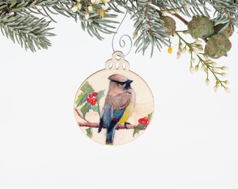 Cedar Waxwing & Holly Ornament | Christmas Ornament | Bird Ornament | Wooden Ornament | Bird Art | Bird Painting | Gift for Her | Tea Bag