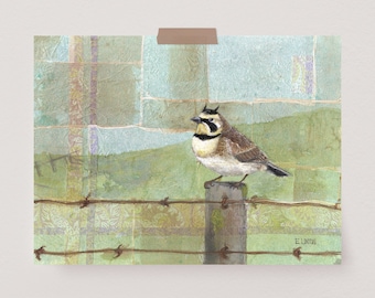 Horned Lark Mixed Media Painting | Tea Bag Wall Art | Natural Bird Art Print | Wildlife Artwork | Animal Art Print | Birder illustration