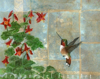 Hummingbird Art | Garden Bird Art | Hummingbird Painting | Bird Painting | Hummingbird Columbine Flowers | Bird Artwork |Hummingbird Decor