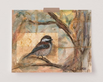 Chestnut-backed Chickadee Painting | Woodland Bird Artwork | Animal Art Print | Bird Illustration | Wildlife Wall Art | Tea Bag Mixed Media
