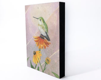 Anna's Hummingbird on Black-eyed Susan | Wood Panel Giclée | Tea Bag Art Print | Tea Bag Art Print | Framed Bird Art | Kitchen Décor | Gift