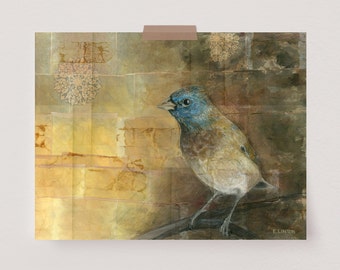 Lazuli Bunting Painting | Tea Bag Art Décor | Bird Mixed Media Artwork | Wildlife Wall Art | Animal Art Print |  Bird illustration | Birder