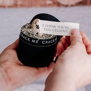 May include: A black velvet box with the words "CRACK ME" printed on the side, containing a speckled egg nestled in decorative filler. A small card reads "I THINK YOU'RE EGG-CELLENT!"