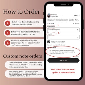 May include: A screenshot of a mobile phone screen showing a product listing for a pregnancy announcement card. The listing includes a price of $10.00, a quantity selection, and a note wording option. The text on the screen reads "Pregnancy Announcement - Gender Reveal..." and "For custom notes select "Custom note" from the drop-down. Then type your note wording in the personalization box".