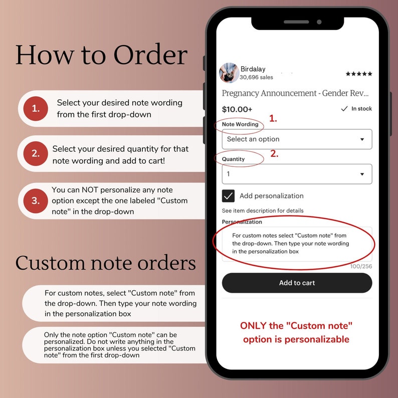 May include: A screenshot of a mobile phone screen showing a product listing for a pregnancy announcement card. The listing includes a price of $10.00, a quantity selection, and a note wording option. The text on the screen reads "Pregnancy Announcement - Gender Reveal..." and "For custom notes select "Custom note" from the drop-down. Then type your note wording in the personalization box".