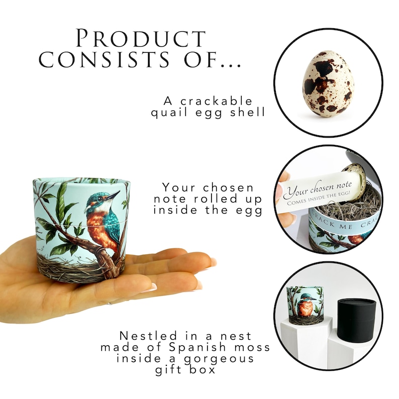 May include: A teal and orange bird-themed gift box with a crackable quail egg shell, a rolled-up note, and Spanish moss. The text reads "PRODUCT CONSISTS OF..." and "Your chosen note comes inside the egg!"