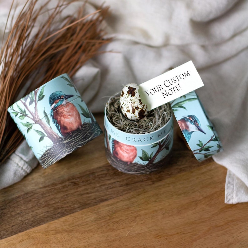 May include: A decorative gift box set with a bird theme. The set includes a cylindrical box with a bird and nest design, a matching lid, and a small card that reads 'Your Custom Note!'. Inside the box is a nest of hay with a speckled egg. The box is light blue with a bird illustration.