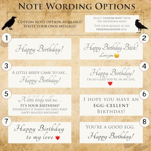 May include: A beige background with text options for birthday notes. The options include phrases like "Happy Birthday!" and "You're a good egg. Happy Birthday!" with decorative elements.