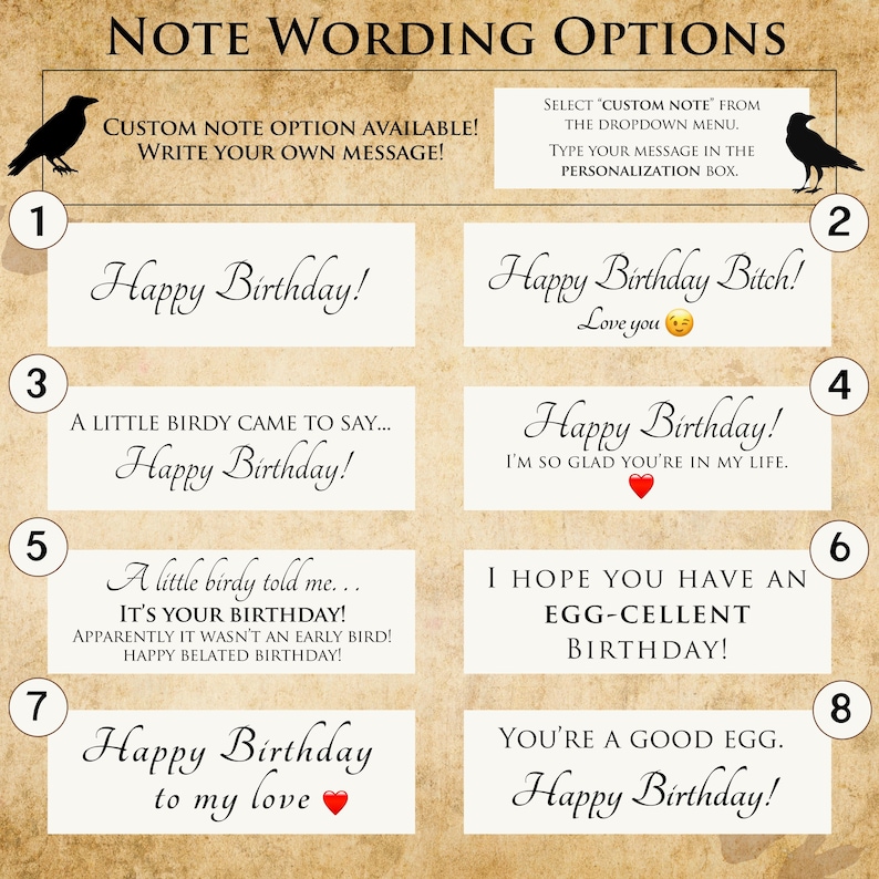 May include: A beige background with text options for birthday notes. The options include phrases like "Happy Birthday!" and "You're a good egg. Happy Birthday!" with decorative elements.