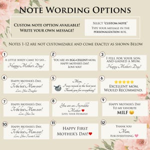 May include: A graphic with Mother's Day note wording options. The image includes text options such as "Happy Mother's Day!" and "You are an Egg-cellent Mom." There is also a custom note option available.