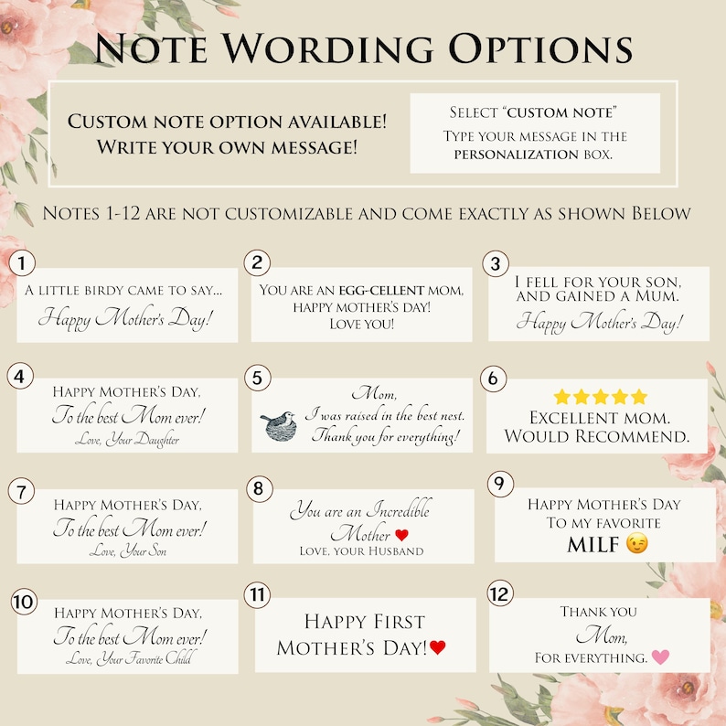 May include: A graphic with Mother's Day note wording options. The image includes text options such as "Happy Mother's Day!" and "You are an Egg-cellent Mom." There is also a custom note option available.