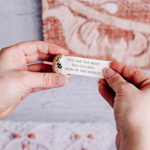 May include: A speckled quail egg with a message reading "YOU ARE THE MOST EGG-CELLENT MOM IN THE WORLD!" held between two hands. The background features a patterned, reddish-brown fabric.