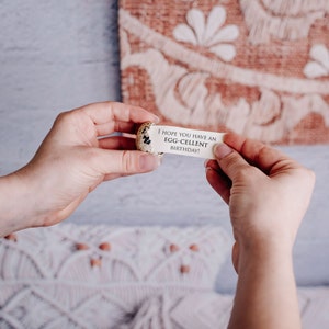May include: A speckled quail egg with a fortune reading "I HOPE YOU HAVE AN EGG-CELLENT BIRTHDAY!" held between two hands. The background includes a textured, pink wall hanging and a macrame pillow.