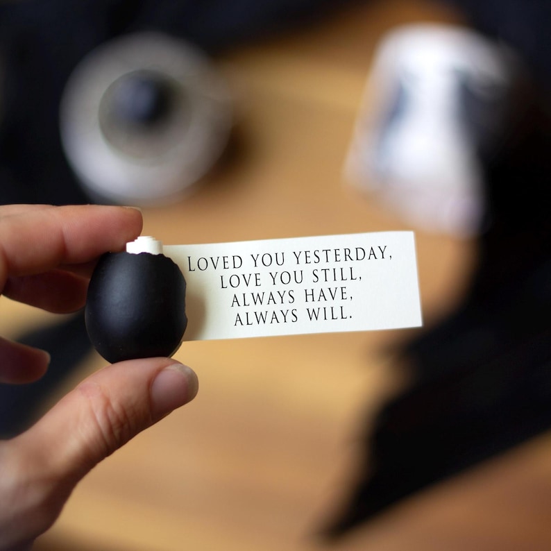 Pu&ograve; includere: Un biscotto della fortuna nero con un biglietto di carta bianco che recita "LOVED YOU YESTERDAY, LOVE YOU STILL, ALWAYS HAVE, ALWAYS WILL." Il biscotto della fortuna &egrave; tenuto in mano.
