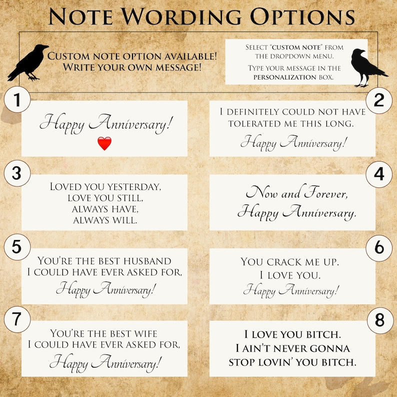 Pu&ograve; includere: Sfondo beige con opzioni di testo per le note. Il testo include frasi come "Buon anniversario!" e "Ti amo". L'immagine presenta anche due sagome di corvi neri e istruzioni per la personalizzazione.