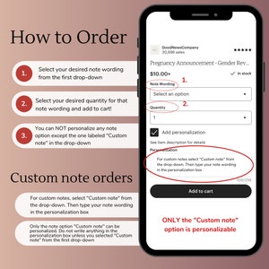 May include: A smartphone screen displays an Etsy listing for a pregnancy announcement. Instructions detail how to order, including selecting note wording and quantity. The listing emphasizes the "Custom note" option for personalization.