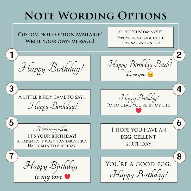 May include: A teal graphic with eight birthday message options. The messages include "Happy Birthday!", "Happy Birthday Bitch! Love you", and "You're a good egg. Happy Birthday!" The top of the graphic reads "NOTE WORDING OPTIONS".