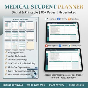 Peut inclure: Un planificateur numérique pour étudiants en médecine de plus de 80 pages, incluant un menu de contenu, des journaux de rotations cliniques et des suivis d'études. Interface hyperliée pour tablettes et téléphones, compatible avec diverses applications.