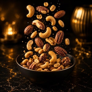 May include: A matte black bowl filled with a variety of mixed nuts including cashews, pecans, and almonds. Several nuts are captured in mid-air, appearing to float above the bowl, creating a dynamic display of textures and brown tones.