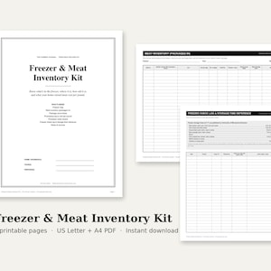 May include: A Freezer & Meat Inventory Kit consisting of printable pages with black text on white paper. The documents include a cover sheet, a meat inventory log, and a freezer check log with storage time reference tables for tracking food.