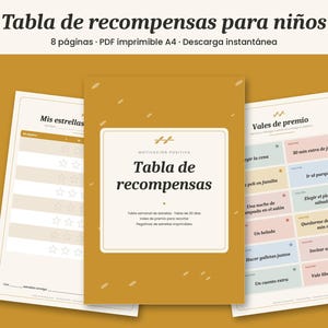 Puede incluir: Un conjunto de tablas de recompensas para niños que incluye una portada de color amarillo mostaza con el texto Tabla de recompensas, junto a dos páginas interiores con cuadrículas de estrellas y vales de premio.