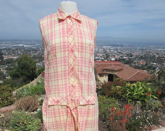 1960's Pink Plaid Day Dress, Sixties, Cotton, Medium, Summer, Sleeveless, Mad Men, Vintage, Women, Mid Century Modern, New Old Stock,NOS