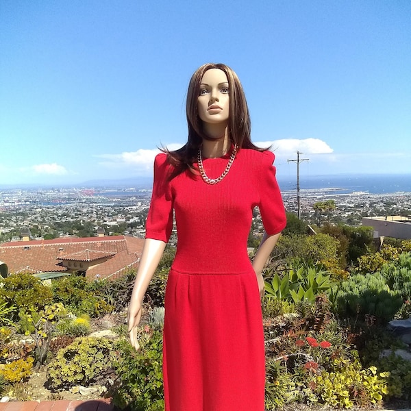 Classic Vintage 1980's Iconic St. John Knit Red Dress Career Designer Knit Marie Gray Collectible Day Dress
