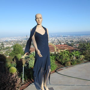 Vintage 1980&#39;s Midnight Blue Semi-Formal Gown/Sequins, Spaghetti Straps, Disco Style Dress